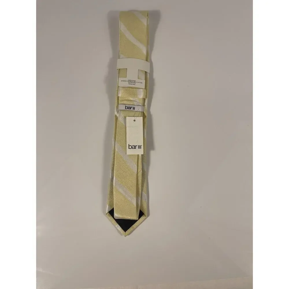 Bar III Tie Men's Yellow White Stripe Lovett Silk Blend Slim Modern Formal NWT